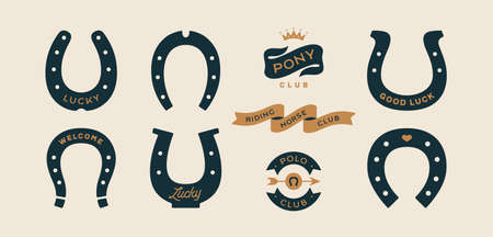 Lucky horseshoe. Set of horseshoes, graphic and lucky symbols. Design elements, set drawing, vintage hipster style. Horseshoe, typography, ribbon and good luck fortune sign. Vector Illustrationのイラスト素材