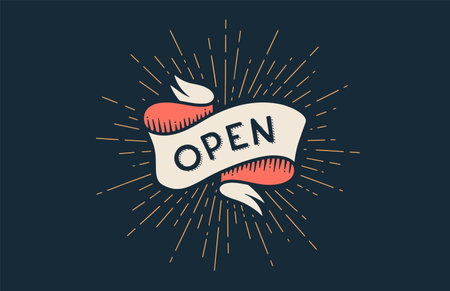Ribbon Banner Open. Colorful ribbon banner with text, phrase Open. Isolated vintage old school silhouette ribbon with text Open, signboard for bar, cafe, shop or store. Vector Illustrationのイラスト素材
