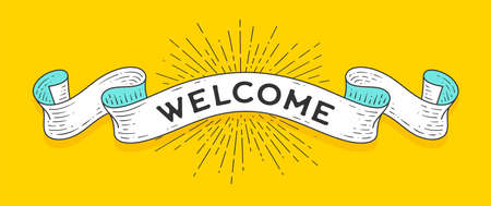 Welcome. Vintage ribbon with text Welcome. Colorful vintage banner with ribbon welcome and light rays, sunburst. Hand-drawn retro ribbon for banner, vintage poster, web. Vector Illustrationのイラスト素材