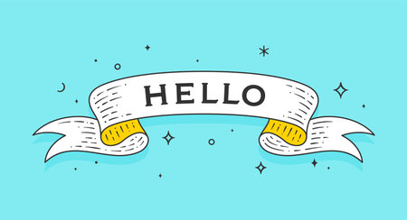 Hello. Old school vintage ribbon, retro greeting card with ribbon, text Hello. Old ribbon banner hello in engraving style. Retro vintage ribbon for banner, poster, web. Vector Illustrationのイラスト素材