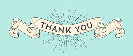 Thank You. Old school vintage ribbon, retro greeting card with ribbon, text Thank you. Old ribbon banner thank you in engraving style. Vintage ribbon for banner, poster, web. Vector Illustrationのイラスト素材