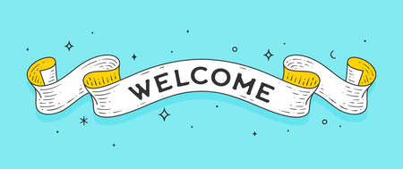 Welcome. Old school vintage ribbon, retro greeting card with ribbon, text Welcome. Old ribbon banner welcome in engraving style. Retro vintage ribbon for banner, poster, web. Vector Illustrationのイラスト素材