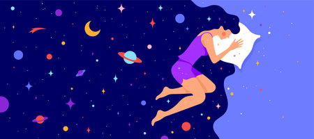 Woman with dream universe. Simple character of woman sleeping in bed with universe starry planet, moon star, night sky in cosmos hair. Woman character in dream, flat graphic. Vector Illustrationのイラスト素材