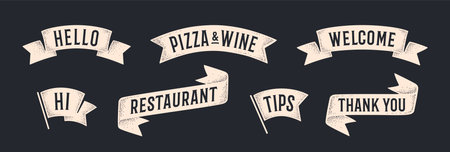 Vintage ribbon banner graphic set. Set of vintage banner, ribbon, text Welcome, Hello, Thank You, old school graphic elements, Pizza, Restaurant. Design ribbon engrave element. Vector Illustrationのイラスト素材