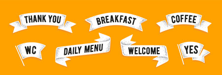 Vintage ribbon banner graphic set. Set of vintage banner, ribbon, text Welcome, Hello, Thank You, old school graphic elements, Pizza, Restaurant. Design ribbon engrave element. Vector Illustrationのイラスト素材