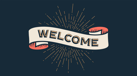 Welcome, ribbon banner. Colorful ribbon banner with text, phrase Welcome. Isolated vintage old school silhouette ribbon with text welcome, signboard, banner, ribbon. Vector Illustrationのイラスト素材