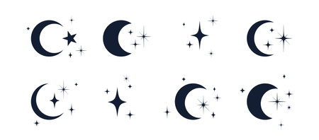 Moon with stars set. Half moon, crescent with star, night sky background. Half moon symbol, graphic elements, light star shapes graphic, boho witch mystic crescent icon collection. Vector Illustrationのイラスト素材