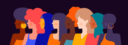 Different ethnicity multi-ethnic, multinational parade beauty women. Simple character women different nationalities, races, Arab, Asian, European, African. Chinese, Latin women. Vector Illustrationのイラスト素材