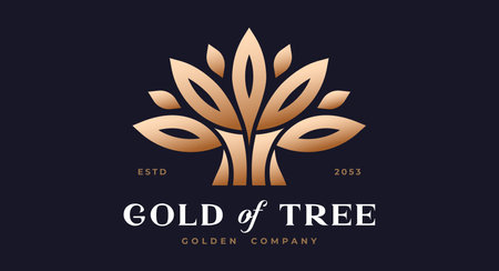 Tree Label, Sign, Logo Oak, Olive Eco Brand. Logo gold tree template company sign, organic eco heraldic icon. Graphic template emblem life symbol, silhouette tree logotype. Vector Illustrationのイラスト素材