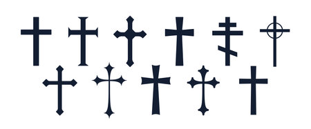 Collection christian religious cross. Set symbol religion cross on white background. Black icon prayer cross sign, religious symbol, stars christian faith. Vector Illustrationのイラスト素材