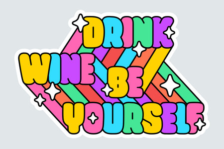 Wine bar Stickers Pack. Colorful fun stickers for wine brand, alcohol shop, bar, pub, cafe, restaurant. Design cartoon wine stickers, pins, bar patches, badges white background. Vector Illustrationのイラスト素材