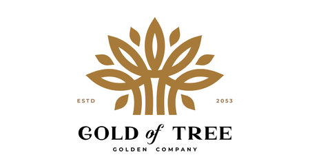Tree Label, Sign, Logo Oak, Olive Eco Brand. Logo gold tree template company sign, organic eco heraldic icon. Graphic template emblem life symbol, silhouette tree logotype. Vector Illustrationのイラスト素材