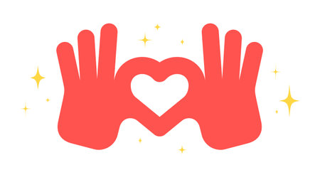 Hand sign Heart Love. Colorful Heart Love hands symbol gesture. Hands making sign shape heart by fingers. Greeting post card, poster, banner. Love emoji concept Valentine day. Vector Illustrationのイラスト素材