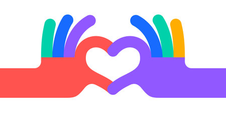 Hand sign Heart Love. Colorful Heart Love hands symbol gesture. Hands making sign shape heart by fingers. Greeting post card, poster, banner. Love emoji concept Valentine day. Vector Illustrationのイラスト素材