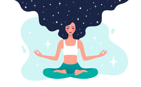 Woman in yoga meditation pose. Beautiful woman sitting in yoga lotus meditation pose, relax, breath on white background. Cute woman person, exercise, practicing yoga, lifestyle. Vector illustrationのイラスト素材