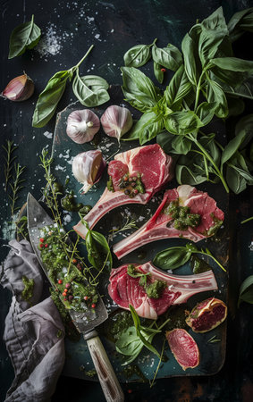 Lamb Meat ribs. Lamb mutton fresh meat ribs with herbs on dark wooden and black background. Butchery, meat shop, farm, recipes book. From above, top view. Kitchen food. AI Photoの素材