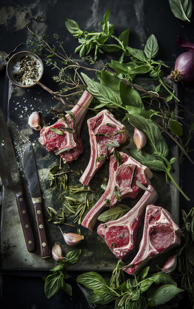 Lamb Meat ribs. Lamb mutton fresh meat ribs with herbs on dark wooden and black background. Butchery, meat shop, farm, recipes book. From above, top view. Kitchen food. AI Photoの素材