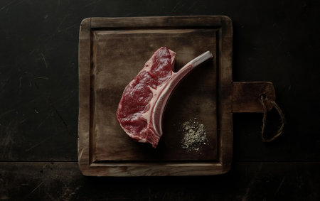 Lamb Meat ribs. Lamb mutton fresh meat ribs with herbs on dark wooden and black background. Butchery, meat shop, farm, recipes book. From above, top view. Kitchen food. AI Photoの素材