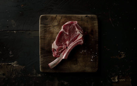 Lamb Meat ribs. Lamb mutton fresh meat ribs with herbs on dark wooden and black background. Butchery, meat shop, farm, recipes book. From above, top view. Kitchen food. AI Photoの素材