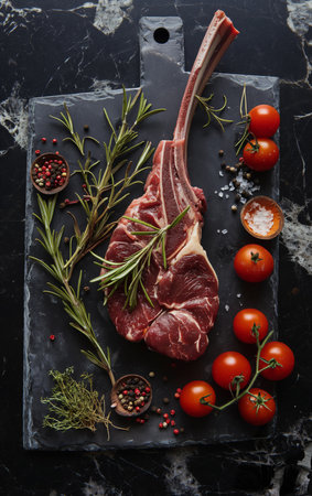 Lamb Meat ribs. Lamb mutton fresh meat ribs with herbs on dark wooden and black background. Butchery, meat shop, farm, recipes book. From above, top view. Kitchen food. AI Photoの素材