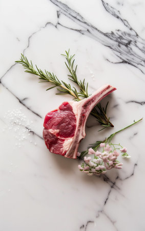 Lamb Meat ribs. Lamb mutton fresh meat ribs with herbs on concrete marble and black background. Butchery, meat shop, farm, recipes book. From above, top view. Kitchen food. AI Photoの素材