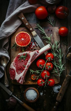Lamb Meat ribs. Lamb mutton fresh meat ribs with herbs on dark wooden and black background. Butchery, meat shop, farm, recipes book. From above, top view. Kitchen food. AI Photoの素材