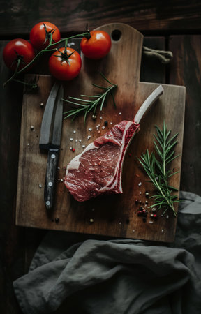 Lamb Meat ribs. Lamb mutton fresh meat ribs with herbs on dark wooden and black background. Butchery, meat shop, farm, recipes book. From above, top view. Kitchen food. AI Photoの素材