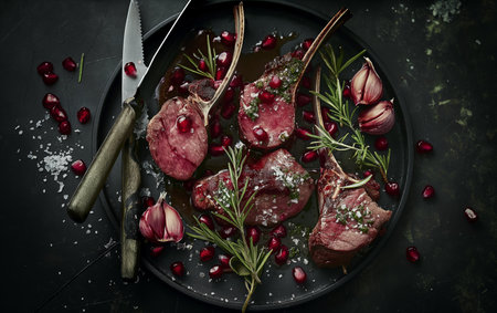 Lamb Meat ribs. Lamb mutton fresh meat ribs with herbs on dark wooden and black background. Butchery, meat shop, farm, recipes book. From above, top view. Kitchen food. AI Photoの素材