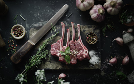 Lamb Meat ribs. Lamb mutton fresh meat ribs with herbs on dark wooden and black background. Butchery, meat shop, farm, recipes book. From above, top view. Kitchen food. AI Photoの素材