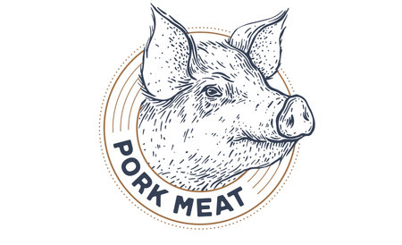 Pork, pig head, meat tag label. Template Meat Tag Label. Vintage print, tag, label with pig sketch ink pencil style drawing. Butchery pork pig head meat shop, text, typography. Vector Illustrationのイラスト素材