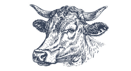 Cow, bull, beef. Vintage retro print, black white cow, bull, beef sketch ink pencil drawing, engrave old school. Sketch artwork silhouette head cow. Side view profile beef bull. Vector Illustrationのイラスト素材