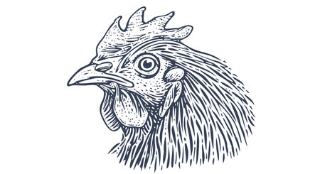 Chicken, hen head. Vintage retro print, chicken sketch ink pencil style drawing, engrave old school. Sketch artwork silhouette head chicken, white background. Side view profile. Vector Illustrationのイラスト素材