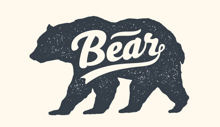 Bear. Lettering, typography. Animal silhouette bear, lettering Bear. Creative graphic design. Vintage poster, drawing, typography banner, hand drawn wild symbol, t-shirt print. Vector Illustrationのイラスト素材
