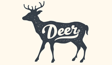 Deer. Lettering, typography. Animal silhouette deer, lettering Deer. Creative graphic design. Vintage poster, drawing, typography banner, hand drawn wild symbol, t-shirt print. Vector Illustrationのイラスト素材