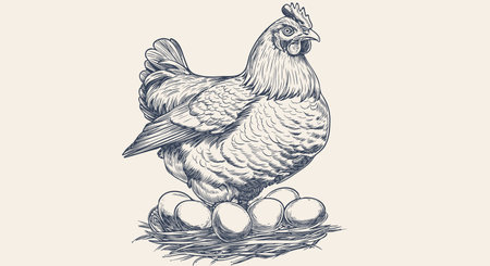 Chicken, hen with nest, eggs. Vintage retro print, chicken eggs sketch ink pencil style drawing, engrave old school. Sketch artwork silhouette chicken with nest, eggs. Vector Illustrationのイラスト素材