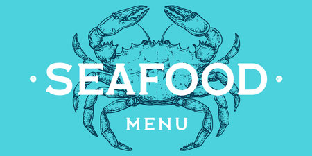 Crab, seafood, sketch. Vintage retro print, seafood crab sketch, logo sign template, ink pencil style drawing, engrave old school. Sketch artwork crab, template sign, logo, symbol. Vector Illustrationのイラスト素材