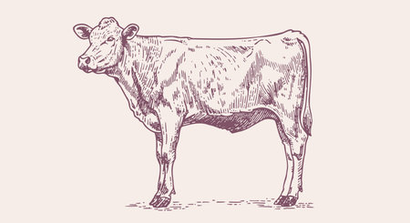 Cow, bull, beef. Vintage retro print, black white cow, bull, beef sketch ink pencil drawing, engrave old school. Sketch artwork silhouette cow bull. Side view profile beef bull. Vector Illustrationのイラスト素材