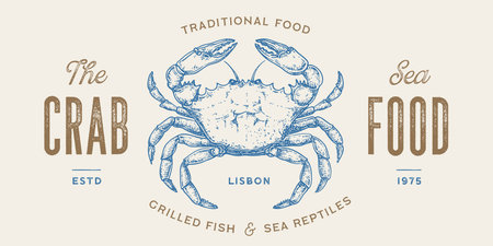 Crab, seafood, sketch. Vintage retro print, seafood crab sketch, logo sign template, ink pencil style drawing, engrave old school. Sketch artwork crab, template sign, logo, symbol. Vector Illustrationのイラスト素材