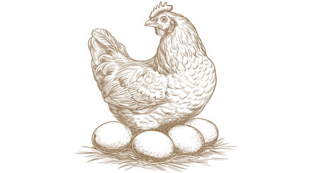 Chicken, hen with nest, eggs. Vintage retro print, chicken, hen eggs sketch ink pencil style drawing, engrave old school. Sketch artwork silhouette chicken, hen with nest, eggs. Vector Illustrationのイラスト素材