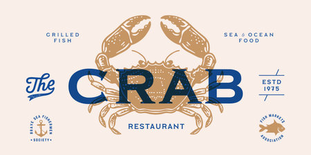 Crab, seafood, sketch. Vintage retro print, seafood crab sketch, logo sign template, ink pencil style drawing, engrave old school. Sketch artwork crab, template sign, logo, symbol. Vector Illustrationのイラスト素材