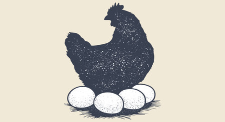 Chicken, hen with nest, eggs. Vintage retro print, chicken eggs sketch ink pencil style drawing, engrave old school. Sketch artwork silhouette chicken with nest, eggs. Vector Illustrationのイラスト素材