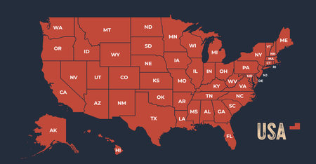 USA Map. Poster map of United States of America. Infographic design, USA with states, poster or geographic, political theme. Print map of USA states, silhouettes outline. Vector Illustrationのイラスト素材
