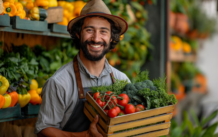 Farmer gathering and holding wooden box full of fresh, raw vegetables on farm. Growing organic food concept, grocery produce. Basket with vegetables in the farmer hands. Realistic style photoの素材
