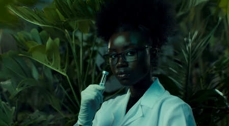 Medical bio laboratory, Research, Science. Pharmaceutical lab with plants, specialist conducts research, science lab, cosmetics beauty innovation, eco biotechnology. Realistic photoの素材