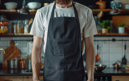 Chef kitchen apron. Chef cook in a uniform, kitchen apron, wearing protective apparel, culinary environment, food service setting, chef in kitchen interior, apron mock-up. Realistic style photoの素材