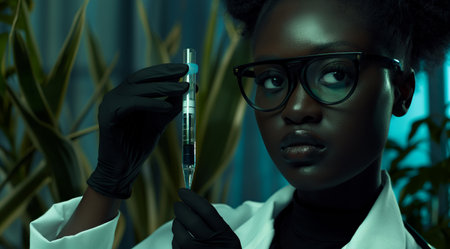 Medical bio laboratory, Research, Science. Pharmaceutical lab with plants, specialist conducts research, science lab, cosmetics beauty innovation, eco biotechnology. Realistic photoの素材