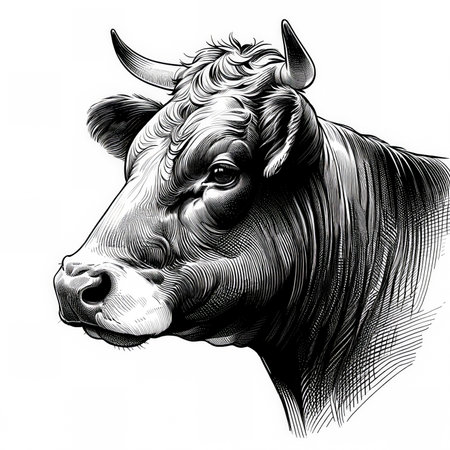 Cow, bull head. Vintage retro print, black white cow sketch ink pencil style drawing, engrave old school. Sketch artwork silhouette head cow, white background. Side view profileの素材