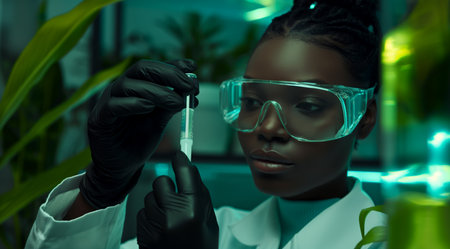 Medical bio laboratory, Research, Science. Pharmaceutical lab with plants, specialist conducts research, science lab, cosmetics beauty innovation, eco biotechnology. Realistic photoの素材