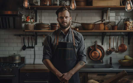 Chef kitchen apron. Chef cook in a uniform, kitchen apron, wearing protective apparel, culinary environment, food service setting, chef in kitchen interior, apron mock-up. Realistic style photoの素材