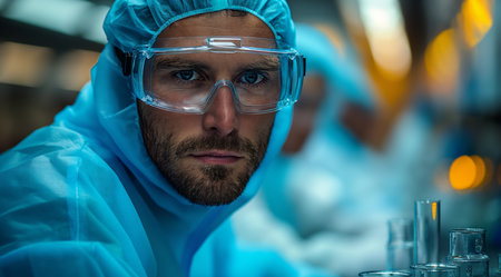 Medical bio laboratory, Research, Science test technology. Pharmaceutical lab specialist examines medicine vials, hospital patient samples. Medical student conducts research. Realistic style photoの素材